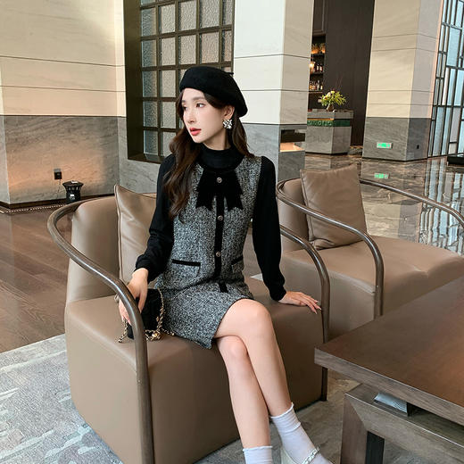 奢姿大码女装2025秋季蝴蝶结假两件拼接裙子胖妹妹半高领连衣裙9943890206 商品图2