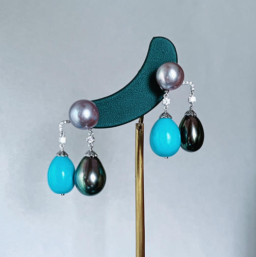 BY EVITA系列 18K镶钻石、松石、大溪地珍珠和爱迪生珍珠 两用耳坠 商品图1