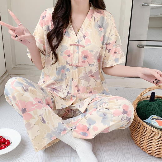 2024年秋季新款睡衣女士夏季短袖长裤国风开衫盘扣薄款套装休闲家居服 商品图4