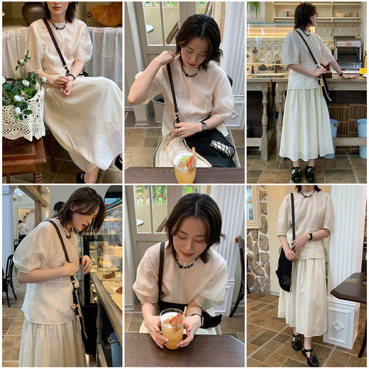 HIDEMI 度假系列微透视艺术肌理感圆领廓形袖中袖收腰套装 奶油白/开心果绿 上衣/半裙 商品图4