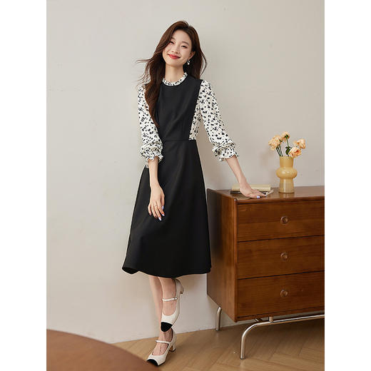 【专属特价】熙世界浪漫复古风碎花长袖拼接收腰假两件连衣裙子2025秋季新款 商品图3