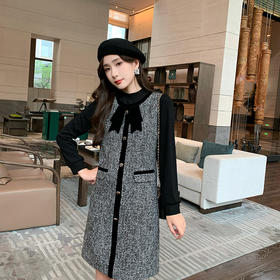 奢姿大码女装2025秋季蝴蝶结假两件拼接裙子胖妹妹半高领连衣裙9943890206