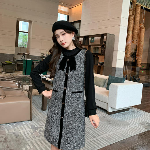 奢姿大码女装2025秋季蝴蝶结假两件拼接裙子胖妹妹半高领连衣裙9943890206 商品图0