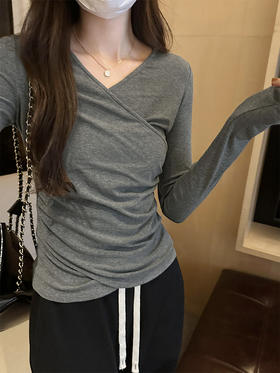 秋季新款【设计感交叠V领褶皱长袖t恤】纯色甜辣修身打底衫上衣 时尚百搭