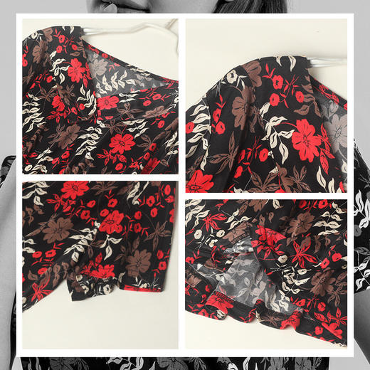 丁摩 桑蚕丝V领短袖T恤女印花大码叠领打底衫真丝上衣夏4ZF-416S 商品图2