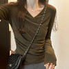 秋季新款【设计感交叠V领褶皱长袖t恤】纯色甜辣修身打底衫上衣 时尚百搭 商品缩略图8