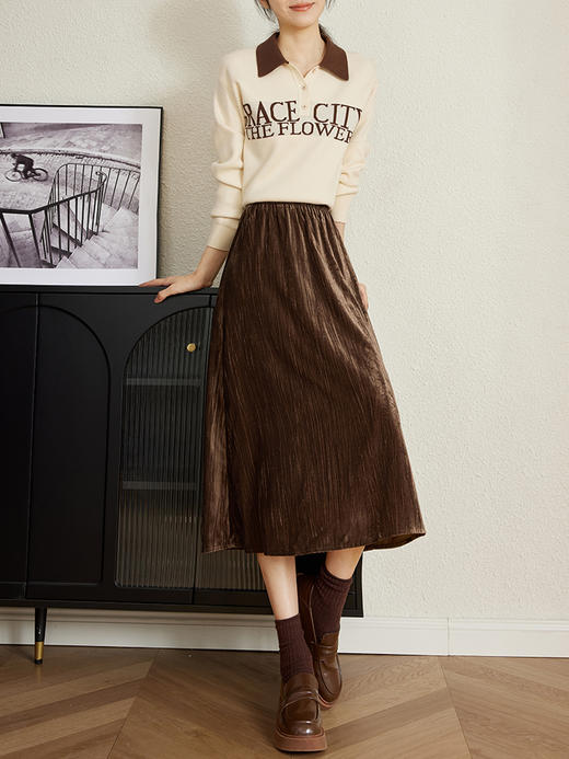 【年终特卖】熙世界复古深棕色金丝绒半身裙2025秋冬新款高腰显瘦a字裙长裙 商品图4