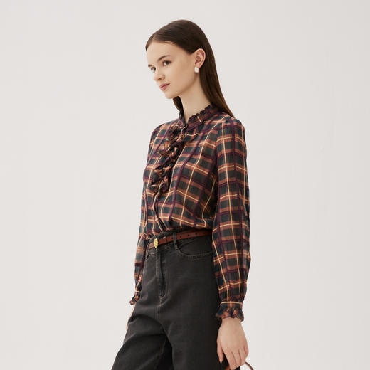 谜底格子衬衫长袖女2024秋款复古通勤小立领荷叶边衬衣243MC1112 商品图1