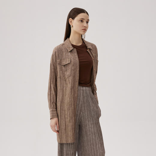 谜底衬衫长袖女2024秋新品复古风大廓形棉麻中长款衬衣243ML1181 商品图1