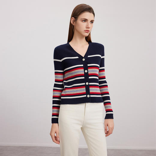 【坑条纹羊绒开衫】羊绒世家24年秋冬新品女士100%山羊绒彩色条纹针织外套 商品图2