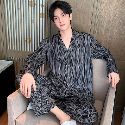 秋季新款男士睡衣开衫冰丝薄款春秋长袖长裤套装青少年大码丝绸家居服套装 商品图4