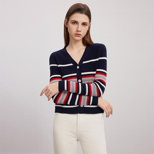 【坑条纹羊绒开衫】羊绒世家24年秋冬新品女士100%山羊绒彩色条纹针织外套 商品图1