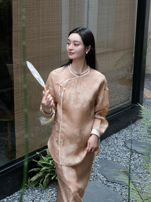 盛唐牡丹 |沙色真丝剪花纱偏襟上衣 商品图0