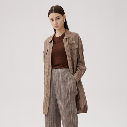 谜底衬衫长袖女2024秋新品复古风大廓形棉麻中长款衬衣243ML1181 商品图0