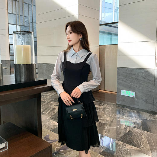 奢姿大码女装2024秋季气质翻领裙子胖妹妹假两件拼接时尚连衣裙9943826658 商品图4