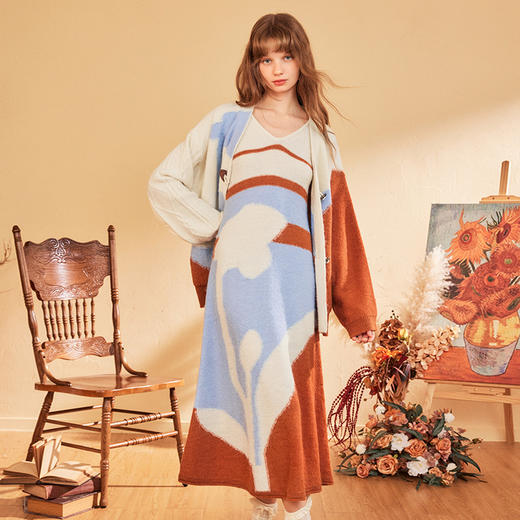 两三事时光缩影2024秋季新款拼色鸢尾花图案无袖打底毛衣裙连衣裙 商品图1