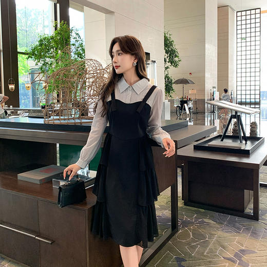 奢姿大码女装2024秋季气质翻领裙子胖妹妹假两件拼接时尚连衣裙9943826658 商品图2