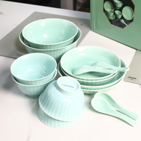 天青雅韵陶瓷14件套 |堪比龙泉青瓷！颜值高超上镜，微波炉/烤箱/洗碗机/消毒柜可用