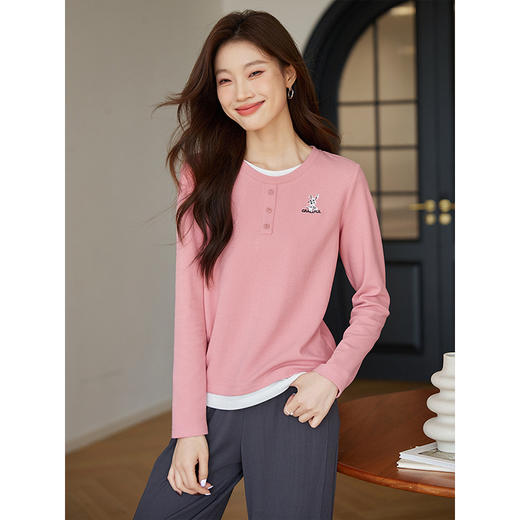 【1件82折】熙世界时尚刺绣假两件圆领针织t恤长袖打底衫上衣2025春秋新款 商品图2