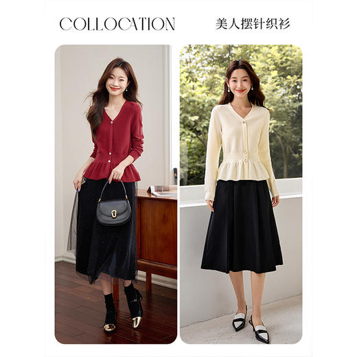 【年终特卖】熙世界复古红色针织衫设计感荷叶摆收腰软糯V领上衣2025秋新款 商品图3