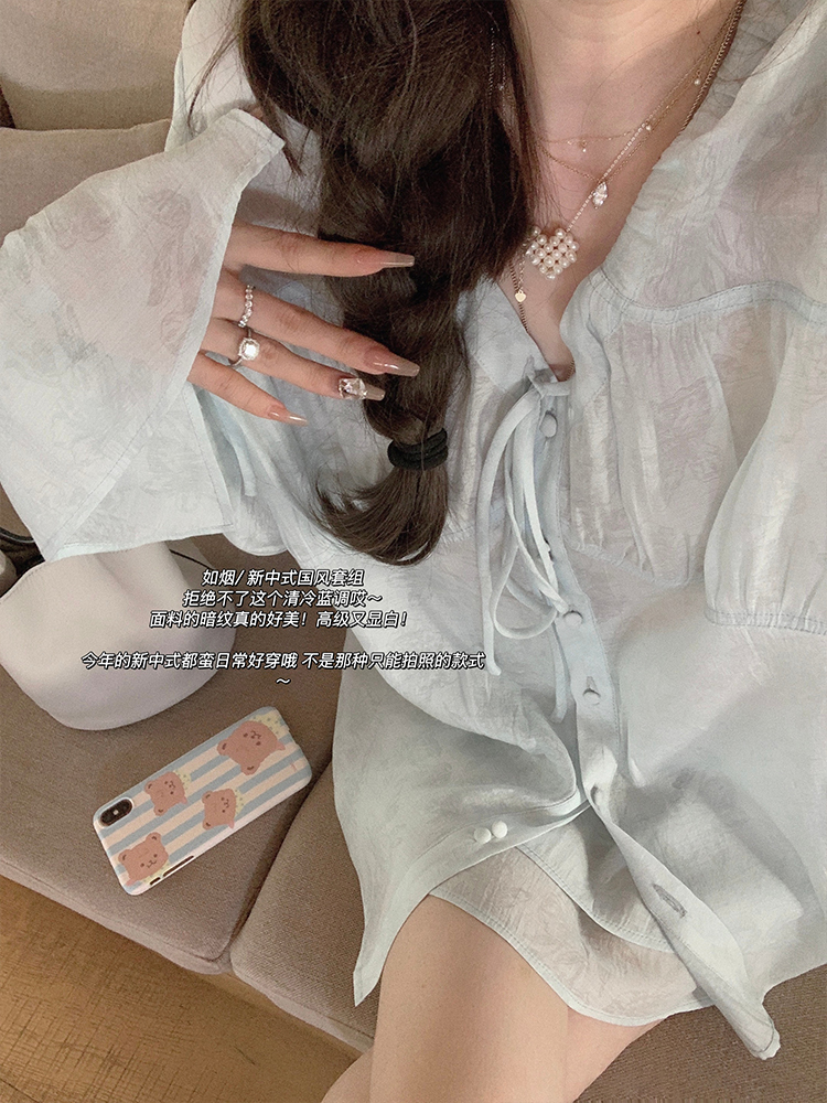 金蘑菇菇Chinoiserie如烟/ 新中式国风V领碎花连衣裙两件套女夏季