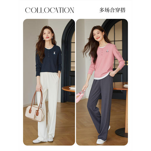 【1件82折】熙世界时尚刺绣假两件圆领针织t恤长袖打底衫上衣2025春秋新款 商品图4