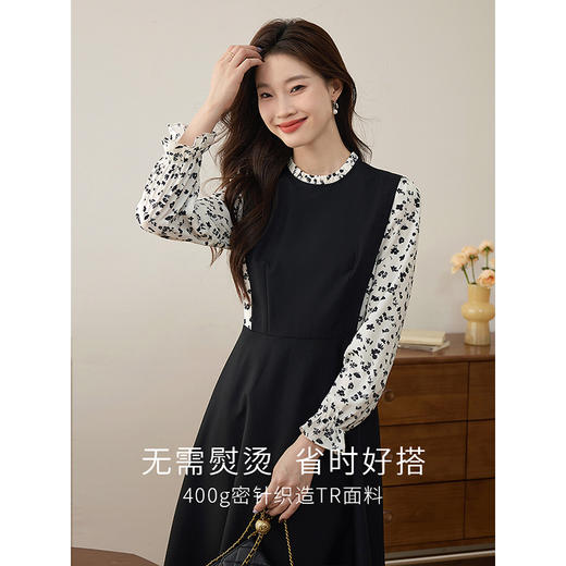 【专属特价】熙世界浪漫复古风碎花长袖拼接收腰假两件连衣裙子2025秋季新款 商品图1