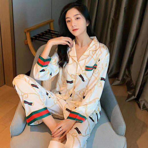 秋季新款仿真丝冰丝睡衣女春秋长袖薄款甜美夏季女士仿真丝绸大码宽松家居服套装 商品图6