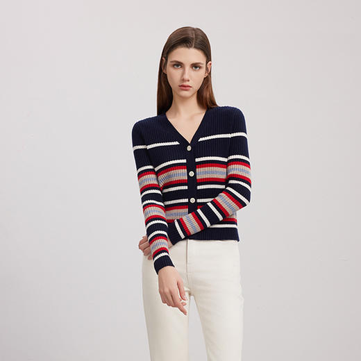 【坑条纹羊绒开衫】羊绒世家24年秋冬新品女士100%山羊绒彩色条纹针织外套 商品图0