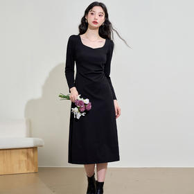 气质优雅高级感长袖连衣裙女早春交叉领重工打褶收腰长裙V3442250