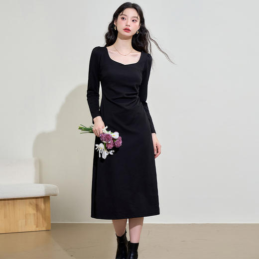 气质优雅高级感长袖连衣裙女早春交叉领重工打褶收腰长裙V3442250 商品图0