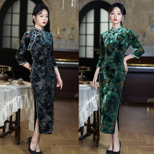 SKY 281923复古国风弹力植绒长款七分袖旗袍 商品图0