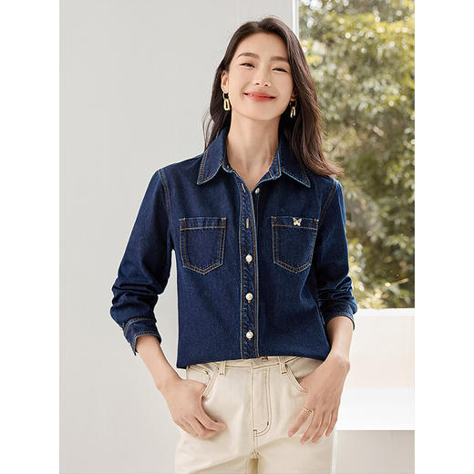 【专属特价】熙世界复古港风牛仔衬衫2025春秋新款通勤休闲宽松长袖衬衣外套 商品图2