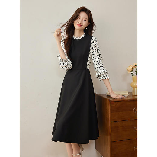 【专属特价】熙世界浪漫复古风碎花长袖拼接收腰假两件连衣裙子2025秋季新款 商品图2