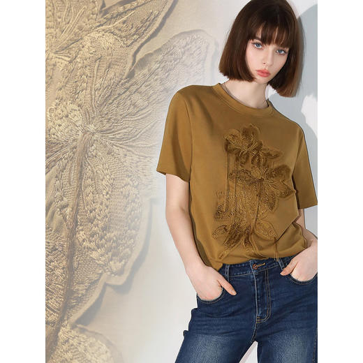 COCOBELLA立体回针流苏刺绣短袖T恤女质感通勤圆领上衣TS3012 商品图1