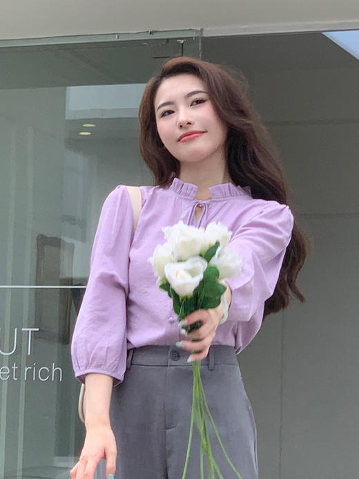 【百图lulu定制】【紫霞衬衫】蝴蝶结 木耳边 元气温柔 七分袖 衬衫 商品图5