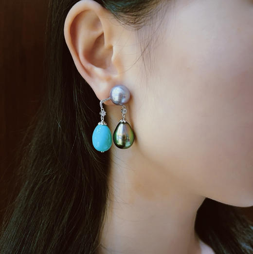 BY EVITA系列 18K镶钻石、松石、大溪地珍珠和爱迪生珍珠 两用耳坠 商品图2