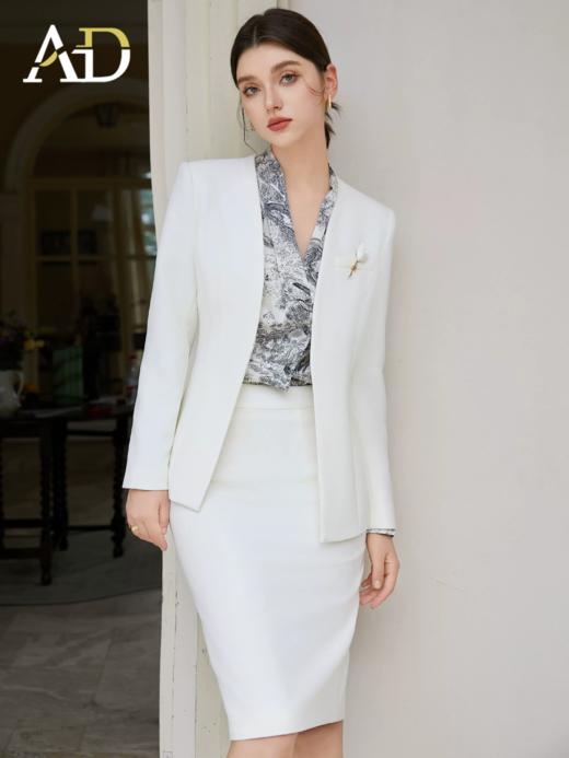 AD白色职业西装套装裙女无领西服外套通勤职业侓师公务员面试正装 商品图0