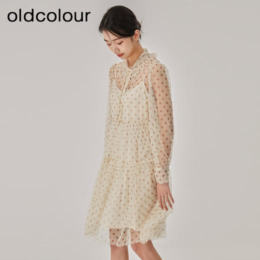 oldcolour春秋新款甜美气质波点网纱中长款连衣裙女GO11103625 商品图3