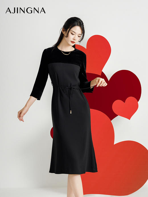 【商场同款】阿菁娜2024秋季新款七分袖丝绒拼接连衣裙A29Q112070 商品图0