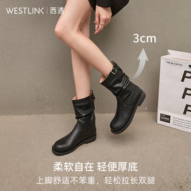 西遇复古中筒骑士靴女新款秋季英伦风圆头褶皱堆堆靴黑色短靴D0047434
