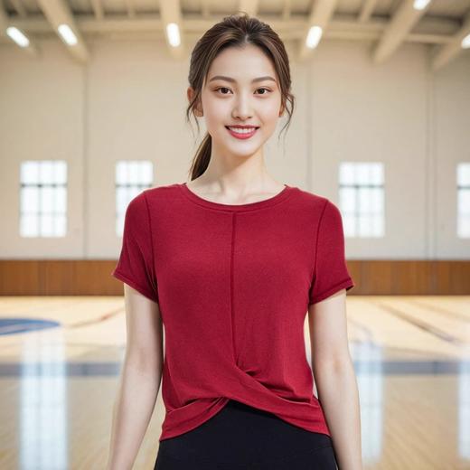 跃牌【瑜见伽人系列】夏季健身衣交叠下摆修身宽松圆领短袖女运动罩衫YT3106 商品图0