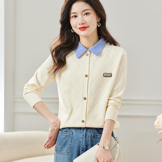 CC66-5801 衬衫领针织衫假两件上衣女2024春秋新款翻领洋气时尚开衫外套 商品图3