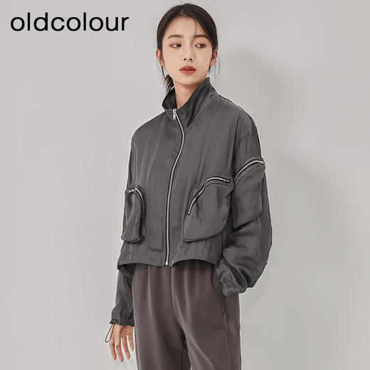 oldcolour2023春季新款灰色直筒立领运动休闲短款外套女O12041265 商品图0
