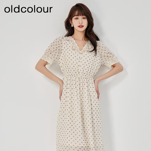 oldcolour2023夏季新款甜美气质高腰V领蕾丝碎花连衣裙GO21101752 商品图2