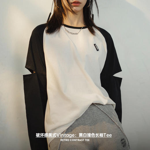 马登美式插肩撞色长袖T恤纯棉宽松圆领拼色上衣设计感卫衣春秋女 商品图1