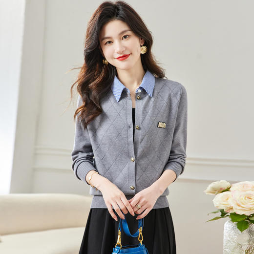 CC66-5801 衬衫领针织衫假两件上衣女2024春秋新款翻领洋气时尚开衫外套 商品图0