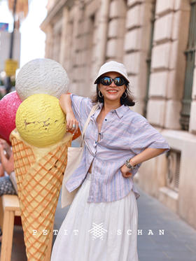 万物生 意大利进口棉麻混纺织条纹短袖衬衫