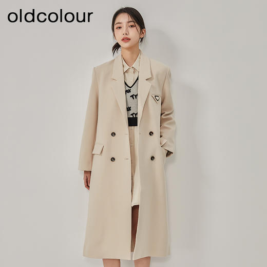 oldcolour2023春季新款杏色休闲简约长款西装风衣外套女O11043108 商品图0