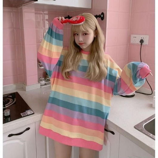 【软糯彩虹条纹长袖】薄款打底衫女 秋季韩版宽松体恤女装上衣  商品图0